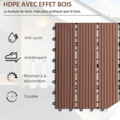 Lot de 11 dalles de jardin piscine 30 x 30 x 2,2 cm - clipsables, antidérapantes - HDPE effet bois