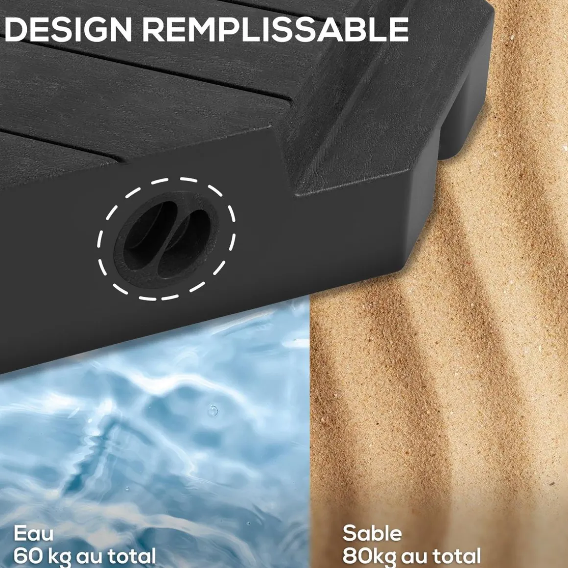 Lot de 4 dalles de lestage parasol déporté piètement croix - à lester eau ou sable - HDPE noir