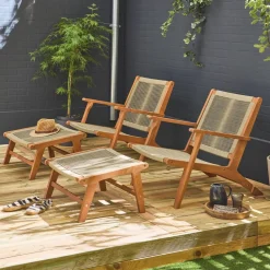 Lot de 2 fauteuils relax taupe en eucalyptus. corde. avec repose-pieds