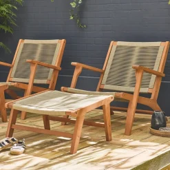 Lot de 2 fauteuils relax taupe en eucalyptus. corde. avec repose-pieds