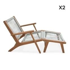 Lot de 2 fauteuils relax taupe en eucalyptus. corde. avec repose-pieds