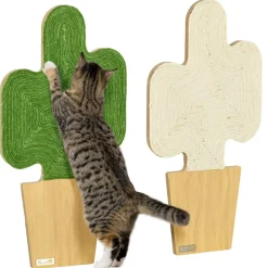 Lot de 2 griffoirs grattoirs murals design cactus dim. 30L x 60H cm jute naturelle écru verte aspect bois clair