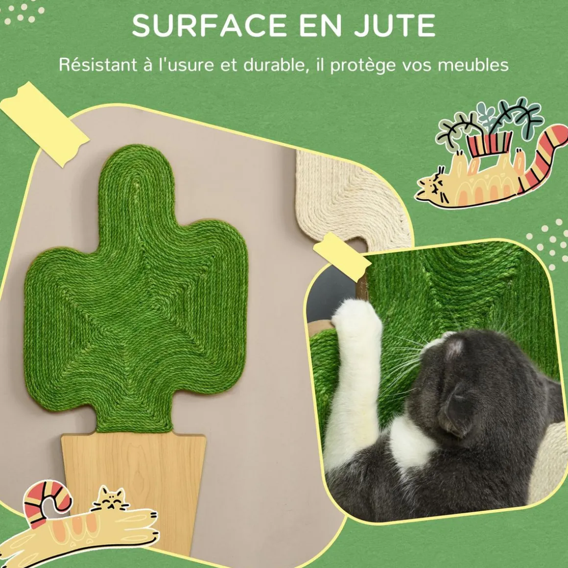 Lot de 2 griffoirs grattoirs murals design cactus dim. 30L x 60H cm jute naturelle écru verte aspect bois clair