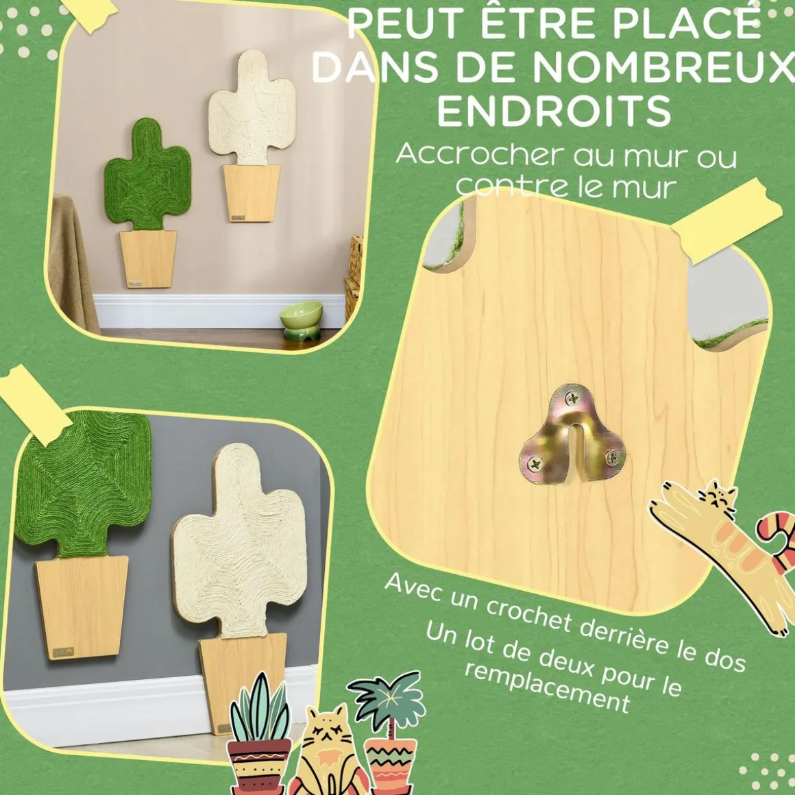 Lot de 2 griffoirs grattoirs murals design cactus dim. 30L x 60H cm jute naturelle écru verte aspect bois clair