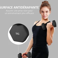 Lot de 2 haltères hexagonales 2 x 5 Kg - poignée antidérapante - métal PVC noir