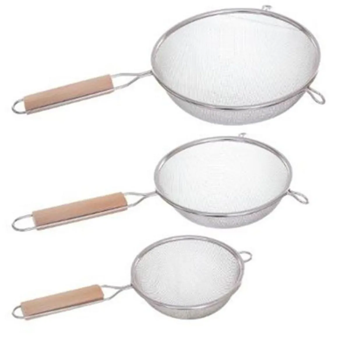 Lot de 3 Passoires Inox & Bois Sieve 35cm Argent