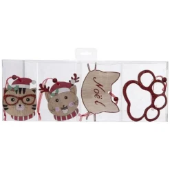 Lot de 4 Sujets de Noël Chat 12cm Beige & Rouge