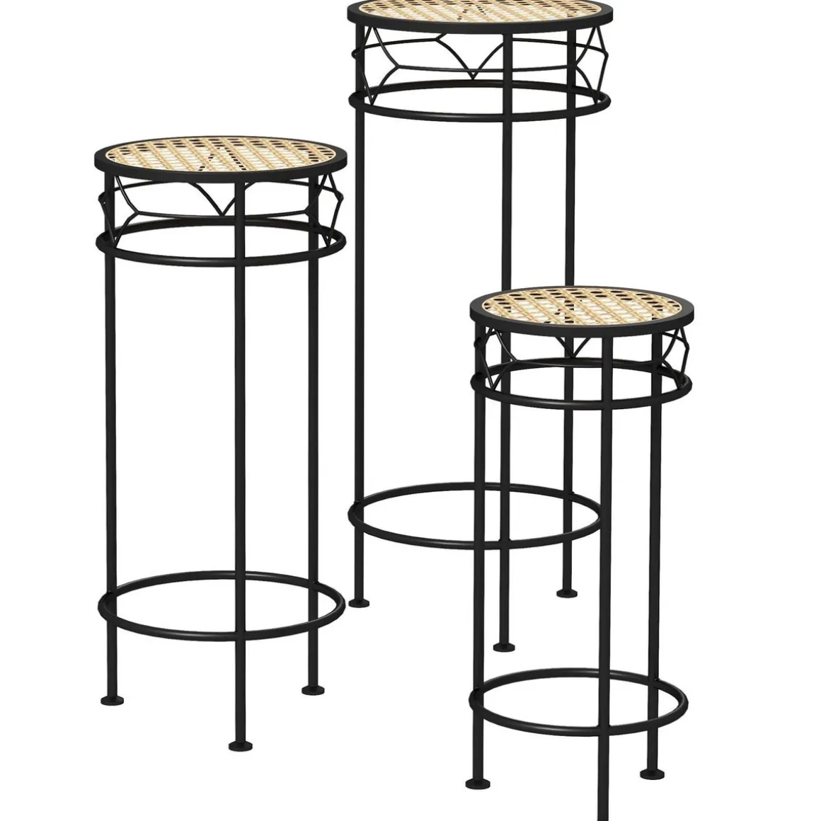 Lot de 3 supports pot de fleurs plateaux aspect rotin métal doré noir