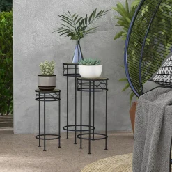 Lot de 3 supports pot de fleurs plateaux aspect rotin métal doré noir