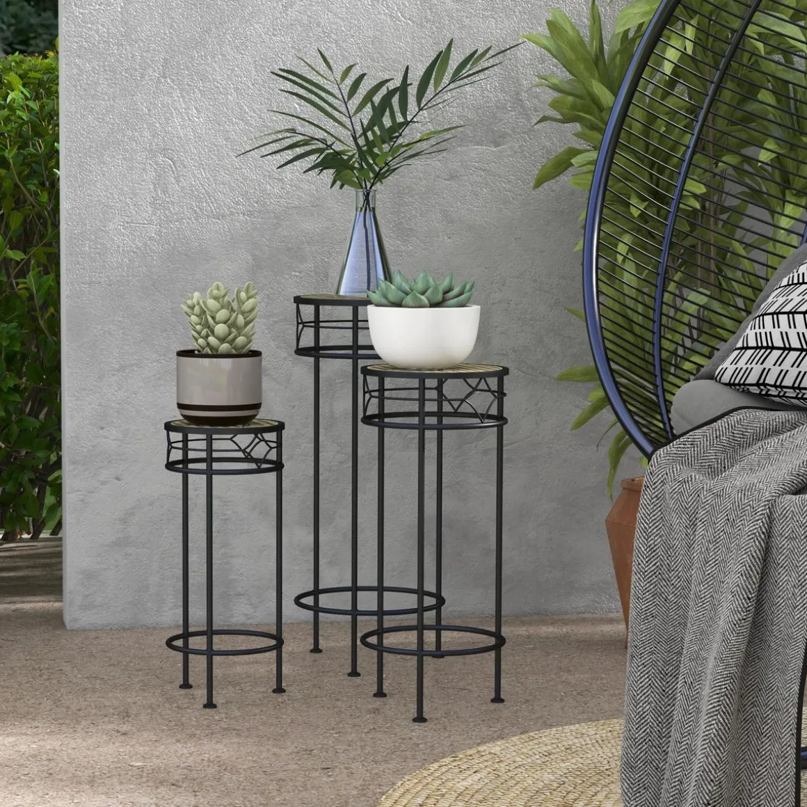 Lot de 3 supports pot de fleurs plateaux aspect rotin métal doré noir