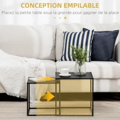 Lot de 2 tables basses gigognes carrées design contemporain encastrable acier noir