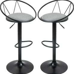 Lot de 2 tabourets de bar design néo-rétro réglable pivotant avec repose-pied métal noir lin gris
