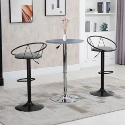 Lot de 2 tabourets de bar design néo-rétro réglable pivotant avec repose-pied métal noir lin gris