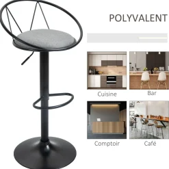 Lot de 2 tabourets de bar design néo-rétro réglable pivotant avec repose-pied métal noir lin gris