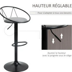Lot de 2 tabourets de bar design néo-rétro réglable pivotant avec repose-pied métal noir lin gris