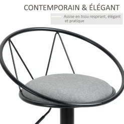 Lot de 2 tabourets de bar design néo-rétro réglable pivotant avec repose-pied métal noir lin gris