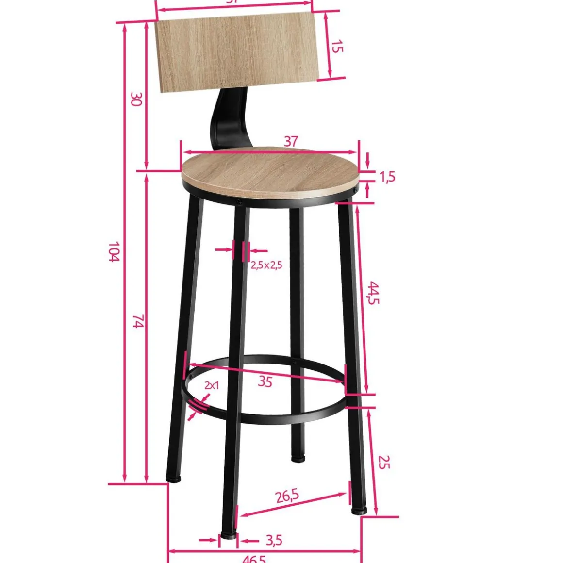 Lot de 2 tabourets de bar avec Grands dossiers Hauteur d'assise 74 cm