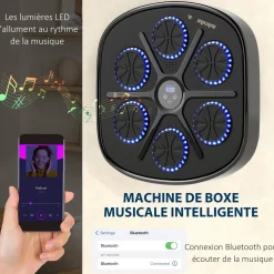 Machine de boxe musicale murale avec lumières - 9 vitesses, modes, Bluetooth - gants - noir