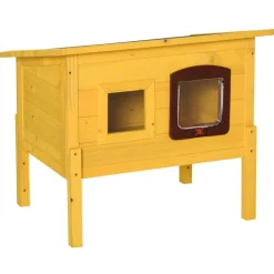 Maison niche pour chat sur pied toit bitumé ouvrant porte fenêtre bois verni