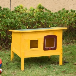 Maison niche pour chat sur pied toit bitumé ouvrant porte fenêtre bois verni