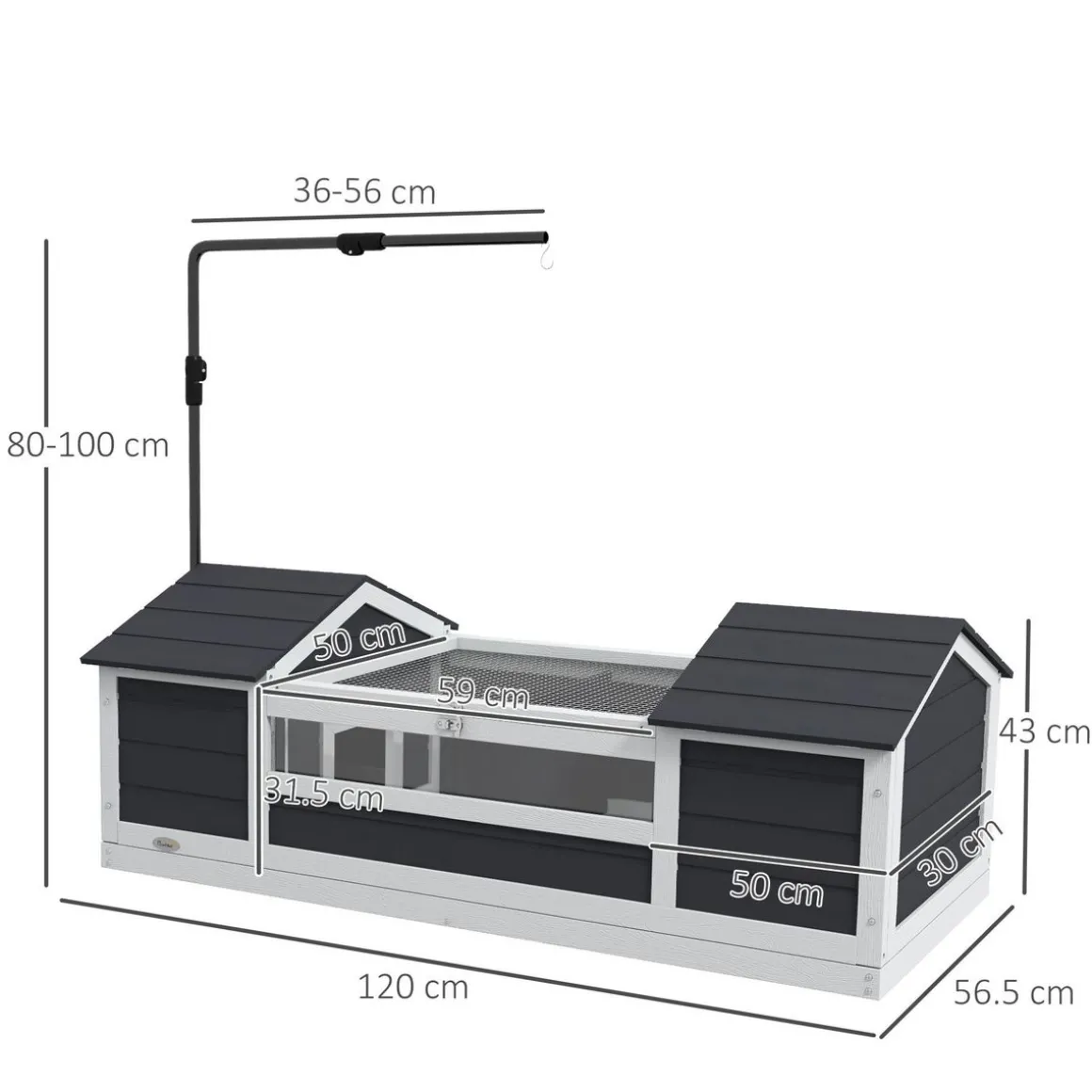 Maison tortue terrestre extérieure - enclos tortue 2 niches, support lampe réglable, toit ouvrable - acrylique bois gris