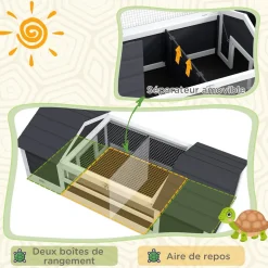 Maison tortue terrestre extérieure - enclos tortue 2 niches, support lampe réglable, toit ouvrable - acrylique bois gris