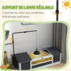 Maison tortue terrestre extérieure - enclos tortue 2 niches, support lampe réglable, toit ouvrable - acrylique bois gris