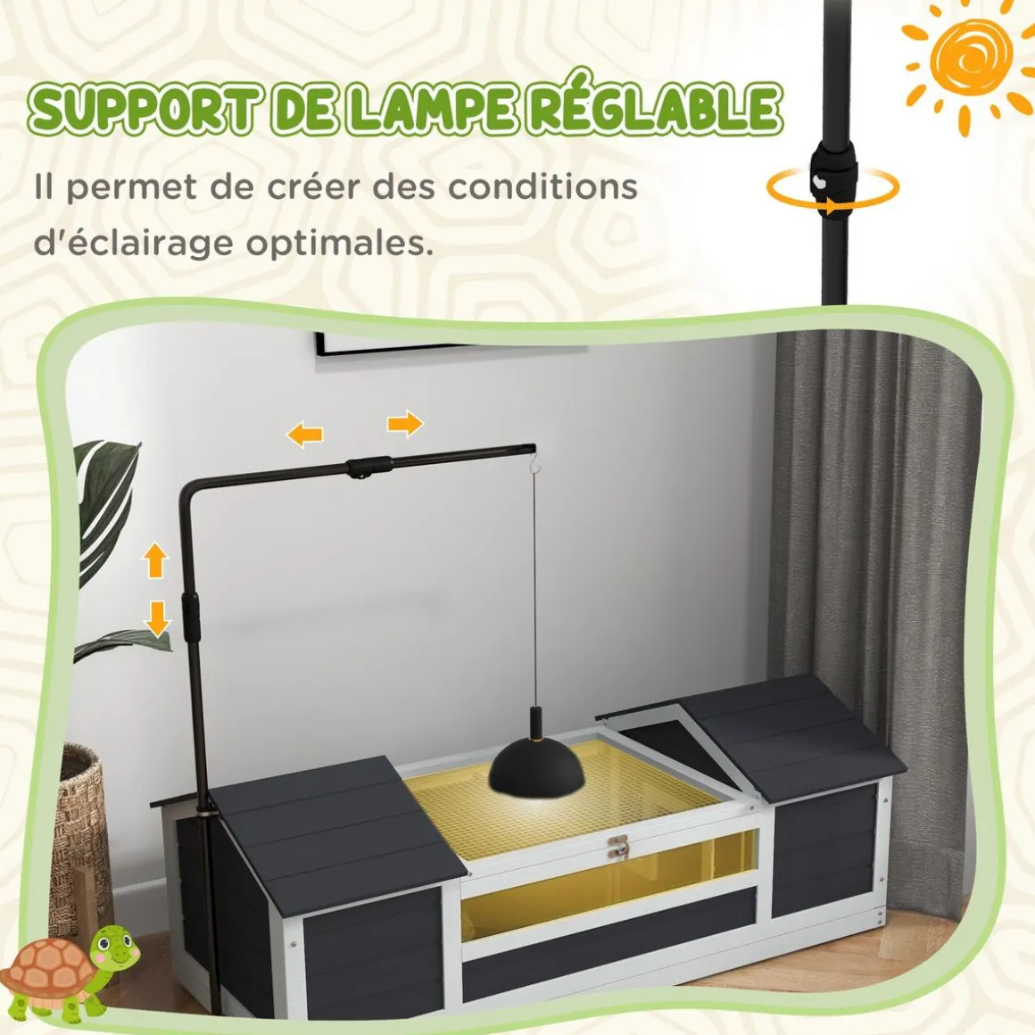 Maison tortue terrestre extérieure - enclos tortue 2 niches, support lampe réglable, toit ouvrable - acrylique bois gris
