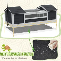 Maison tortue terrestre extérieure - enclos tortue 2 niches, support lampe réglable, toit ouvrable - acrylique bois gris