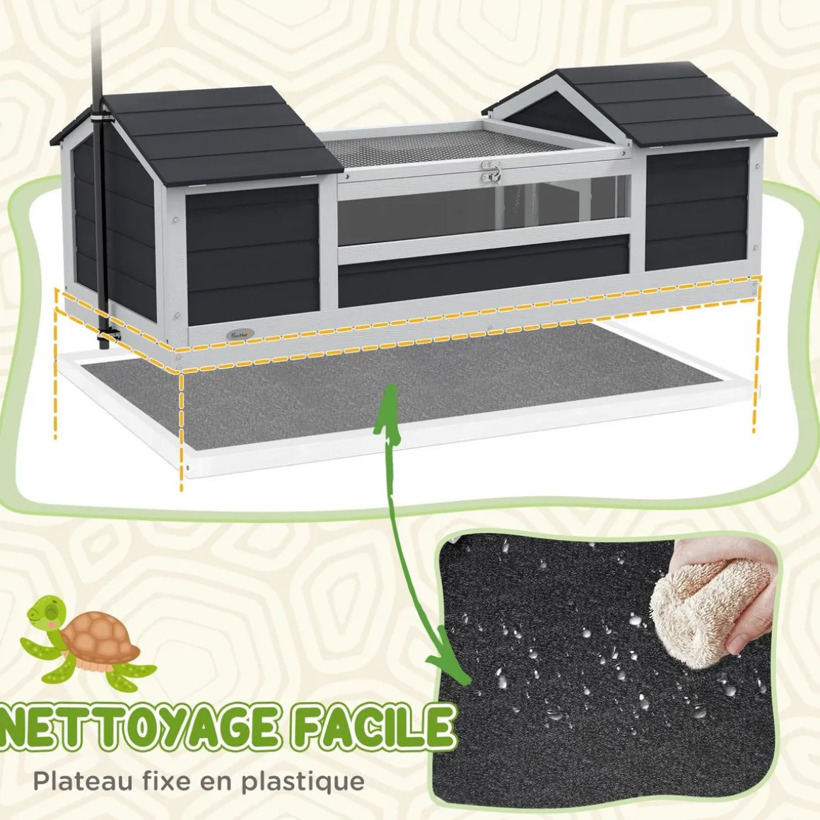 Maison tortue terrestre extérieure - enclos tortue 2 niches, support lampe réglable, toit ouvrable - acrylique bois gris