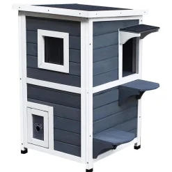 Maisonnette pour chat sur pied 2 niveaux - toit ouvrant bitumé - bois sapin pré-huilé peint gris blanc