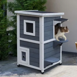 Maisonnette pour chat sur pied 2 niveaux - toit ouvrant bitumé - bois sapin pré-huilé peint gris blanc