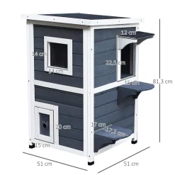 Maisonnette pour chat sur pied 2 niveaux - toit ouvrant bitumé - bois sapin pré-huilé peint gris blanc