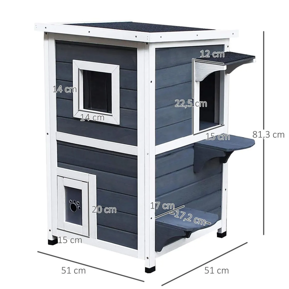 Maisonnette pour chat sur pied 2 niveaux - toit ouvrant bitumé - bois sapin pré-huilé peint gris blanc