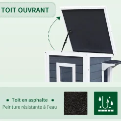 Maisonnette pour chat sur pied 2 niveaux - toit ouvrant bitumé - bois sapin pré-huilé peint gris blanc