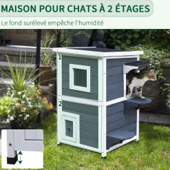 Maisonnette pour chat sur pied 2 niveaux - toit ouvrant bitumé - bois sapin pré-huilé peint gris blanc