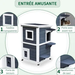 Maisonnette pour chat sur pied 2 niveaux - toit ouvrant bitumé - bois sapin pré-huilé peint gris blanc