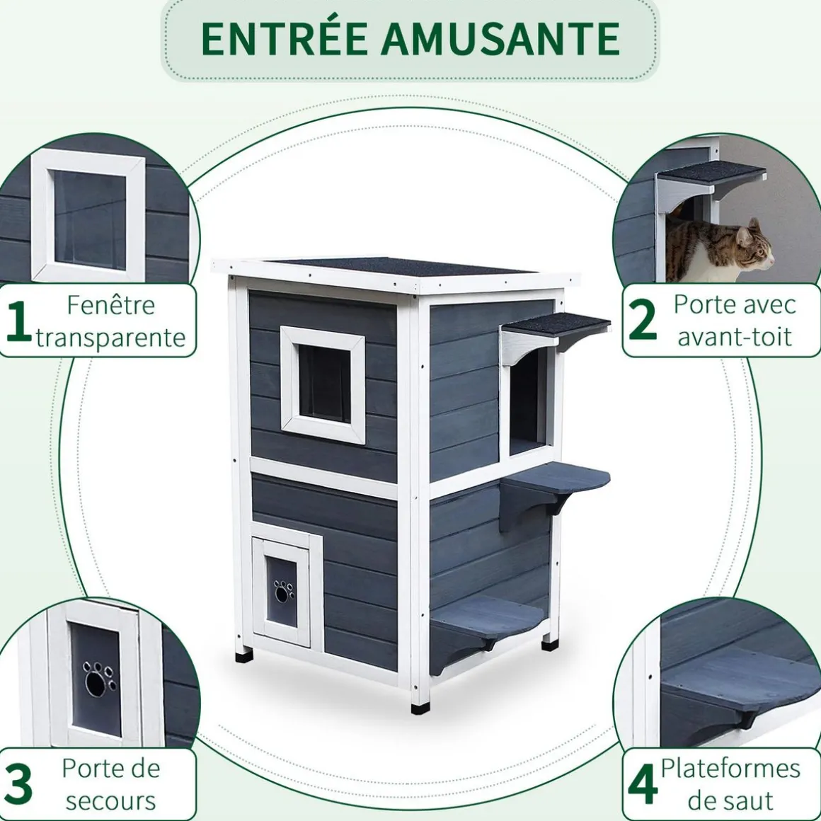 Maisonnette pour chat sur pied 2 niveaux - toit ouvrant bitumé - bois sapin pré-huilé peint gris blanc