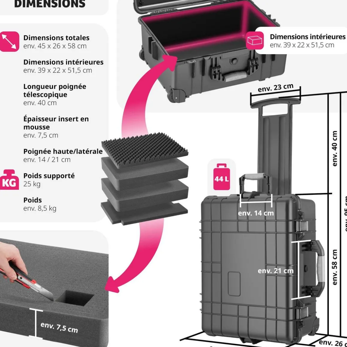 Mallette de transport sur roulettes avec poignée télescopique