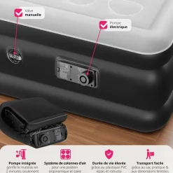 Matelas gonflable avec pompe électrique sac de transport inclus 200x101x44cm