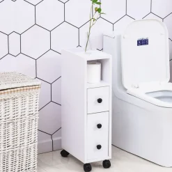 Meuble bas colonne rangement salle de bain à roulettes blanc dim. 18L x 30l x 68,5H cm