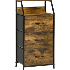 Meuble de rangement colonne design industriel - 3 tiroirs, niche, étagère - châssis acier noir MDF aspect bois avec veinage