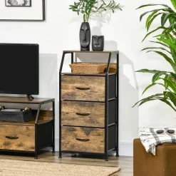 Meuble de rangement colonne design industriel - 3 tiroirs, niche, étagère - châssis acier noir MDF aspect bois avec veinage