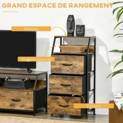 Meuble de rangement colonne design industriel - 3 tiroirs, niche, étagère - châssis acier noir MDF aspect bois avec veinage