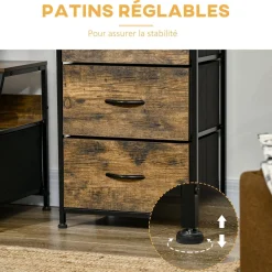 Meuble de rangement colonne design industriel - 3 tiroirs, niche, étagère - châssis acier noir MDF aspect bois avec veinage