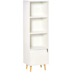 Meuble de rangement colonne design scandinave - 3 niches, placard porte - piètement effilé incliné bois pin panneaux particules blanc
