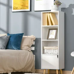 Meuble de rangement colonne design scandinave - 3 niches, placard porte - piètement effilé incliné bois pin panneaux particules blanc