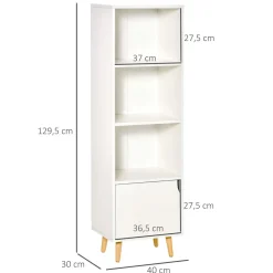 Meuble de rangement colonne design scandinave - 3 niches, placard porte - piètement effilé incliné bois pin panneaux particules blanc