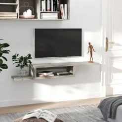 Meuble TV mural flottant design - étagère murale flottante - niche, passe-fils - panneaux particules effet béton ciré