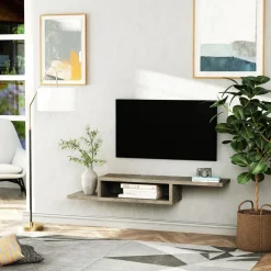 Meuble TV mural flottant design - étagère murale flottante - niche, passe-fils - panneaux particules effet béton ciré